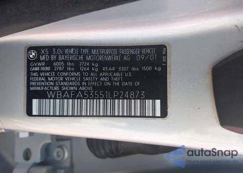 2001 BMW X5 3.0 from USA, damaged, VIN WBAFA53551LP24873